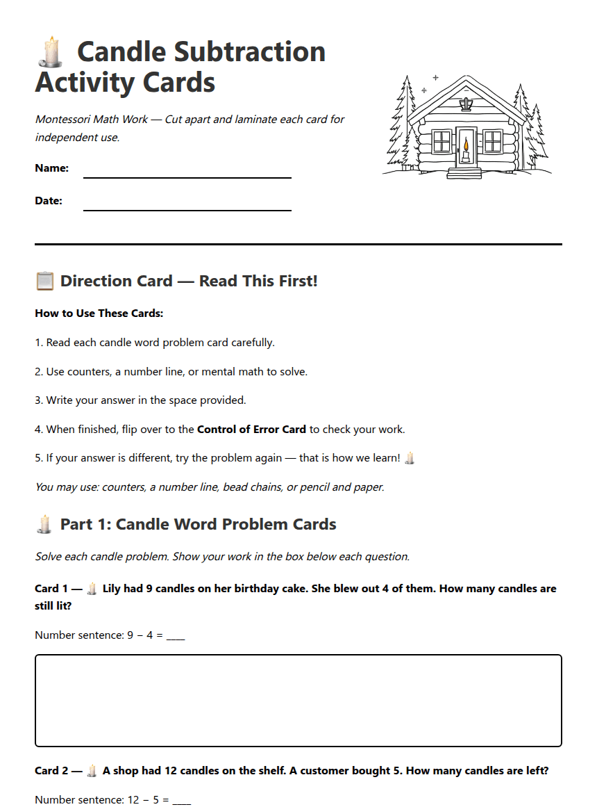 Candle Subtraction Activity Cards worksheet preview