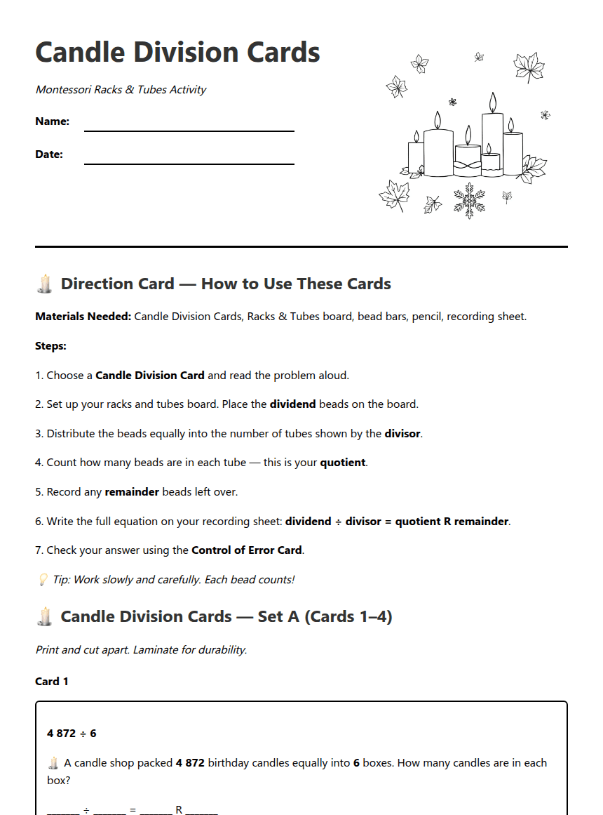 Candle Division Cards worksheet preview