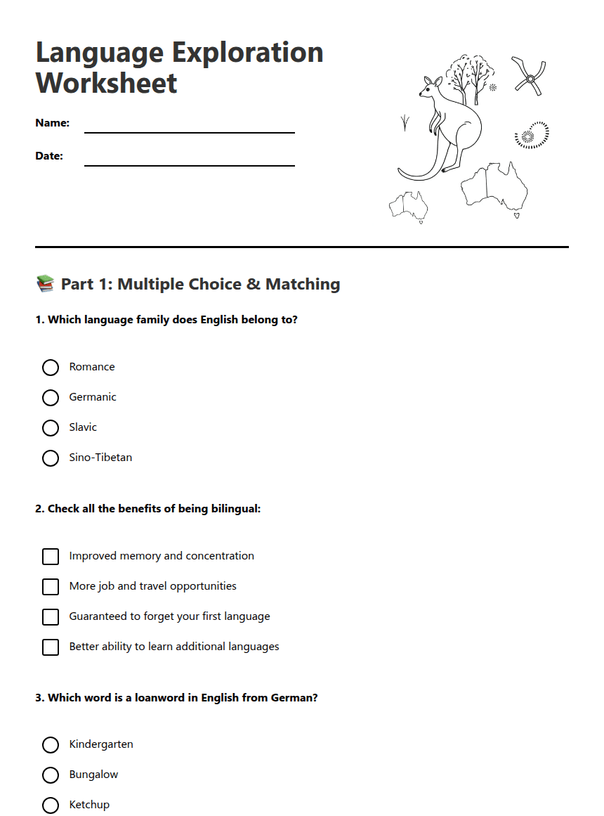 Language Exploration Worksheet worksheet preview