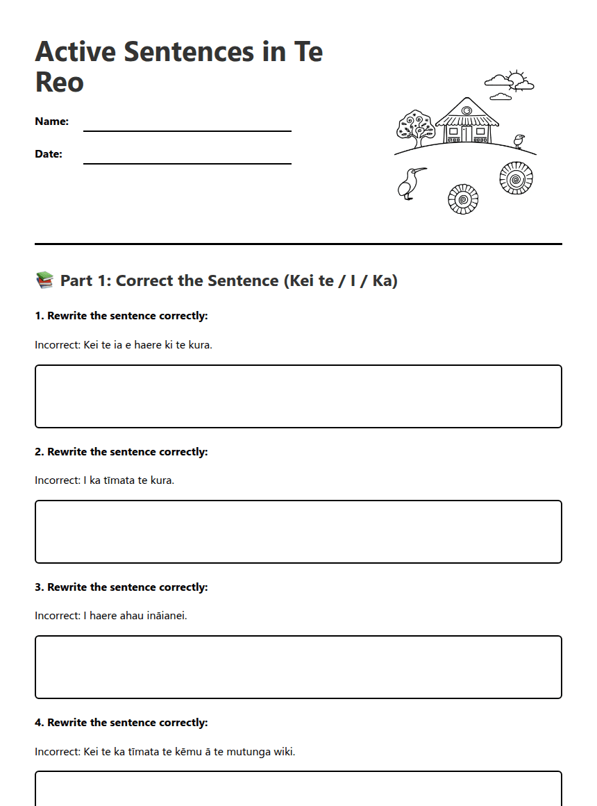 Active Sentences in Te Reo worksheet preview