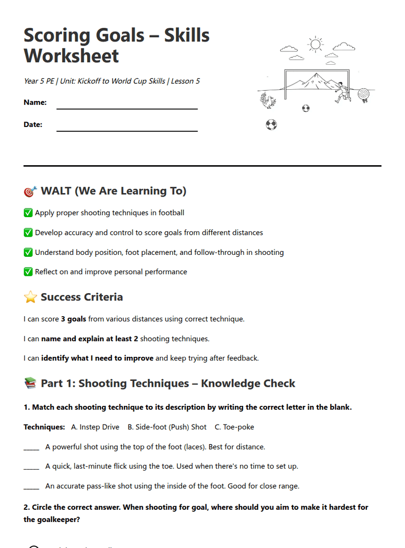 Goal Scoring Skills Worksheet