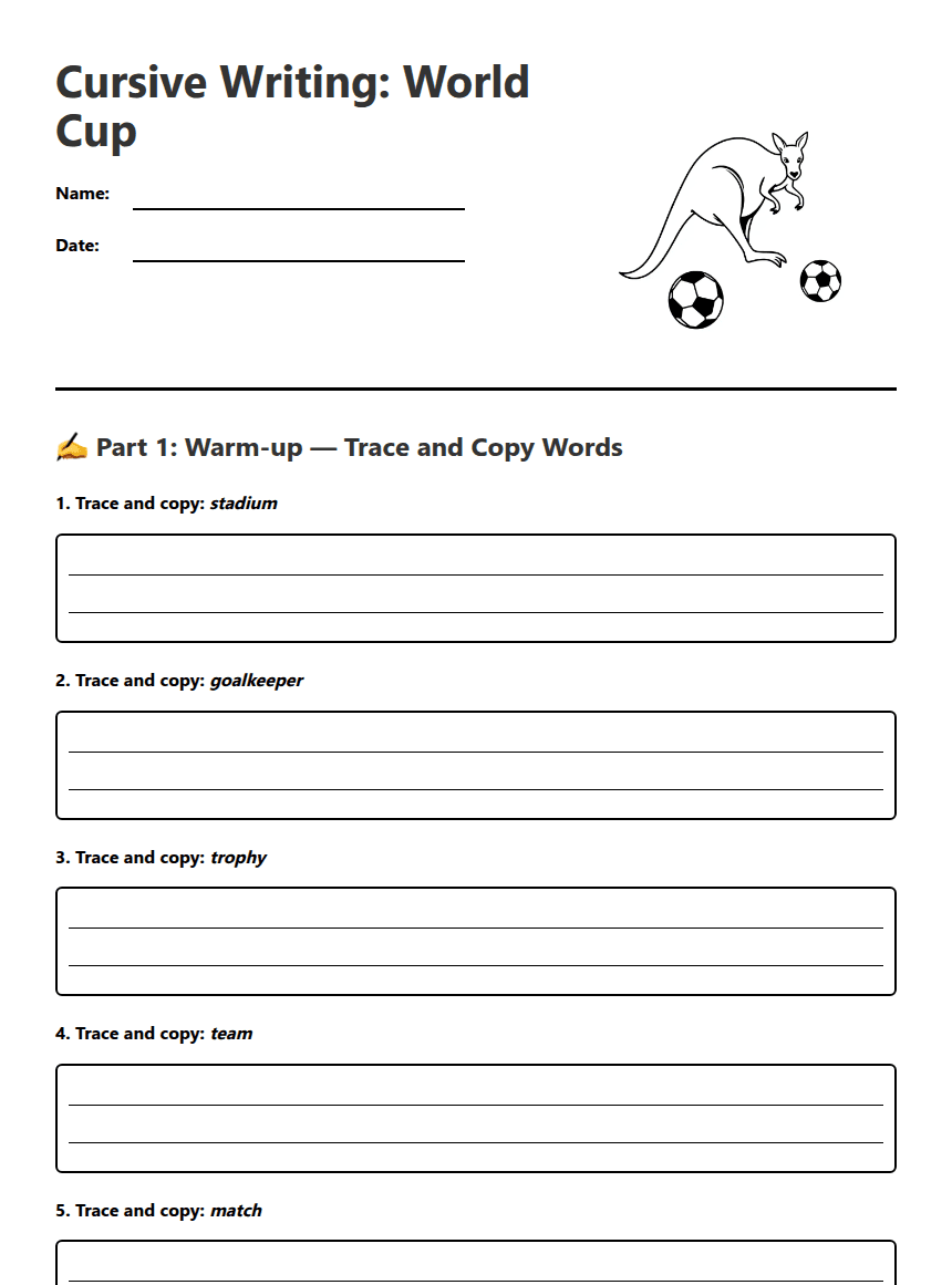 Cursive Writing: World Cup worksheet preview
