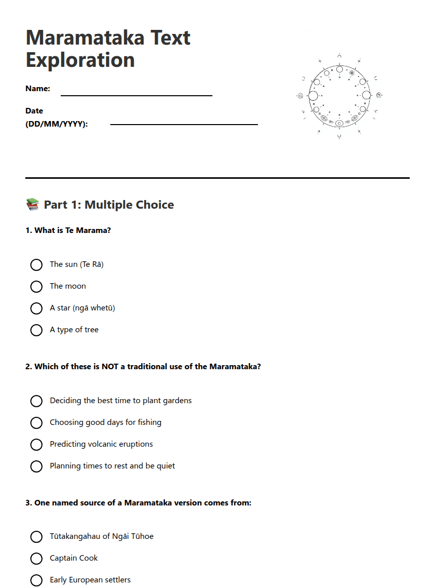 Maramataka Text Exploration worksheet preview