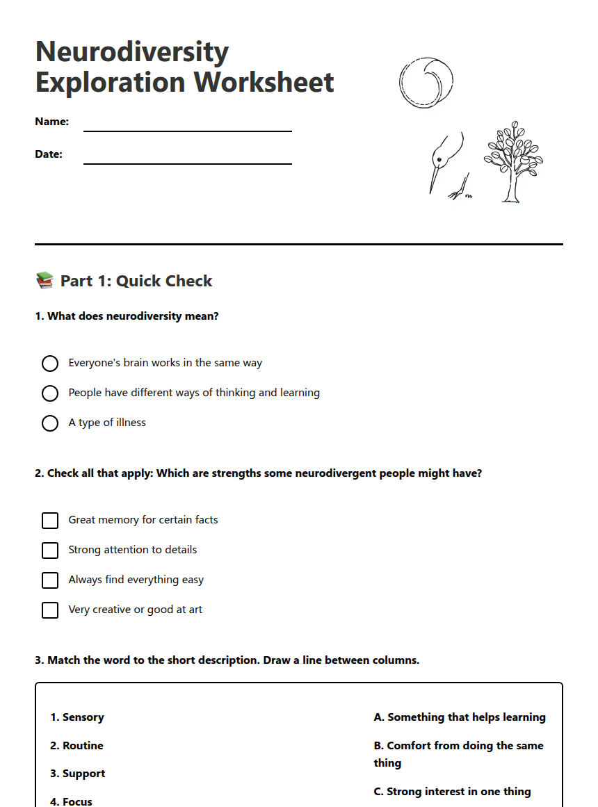 Neurodiversity Exploration Worksheet worksheet preview
