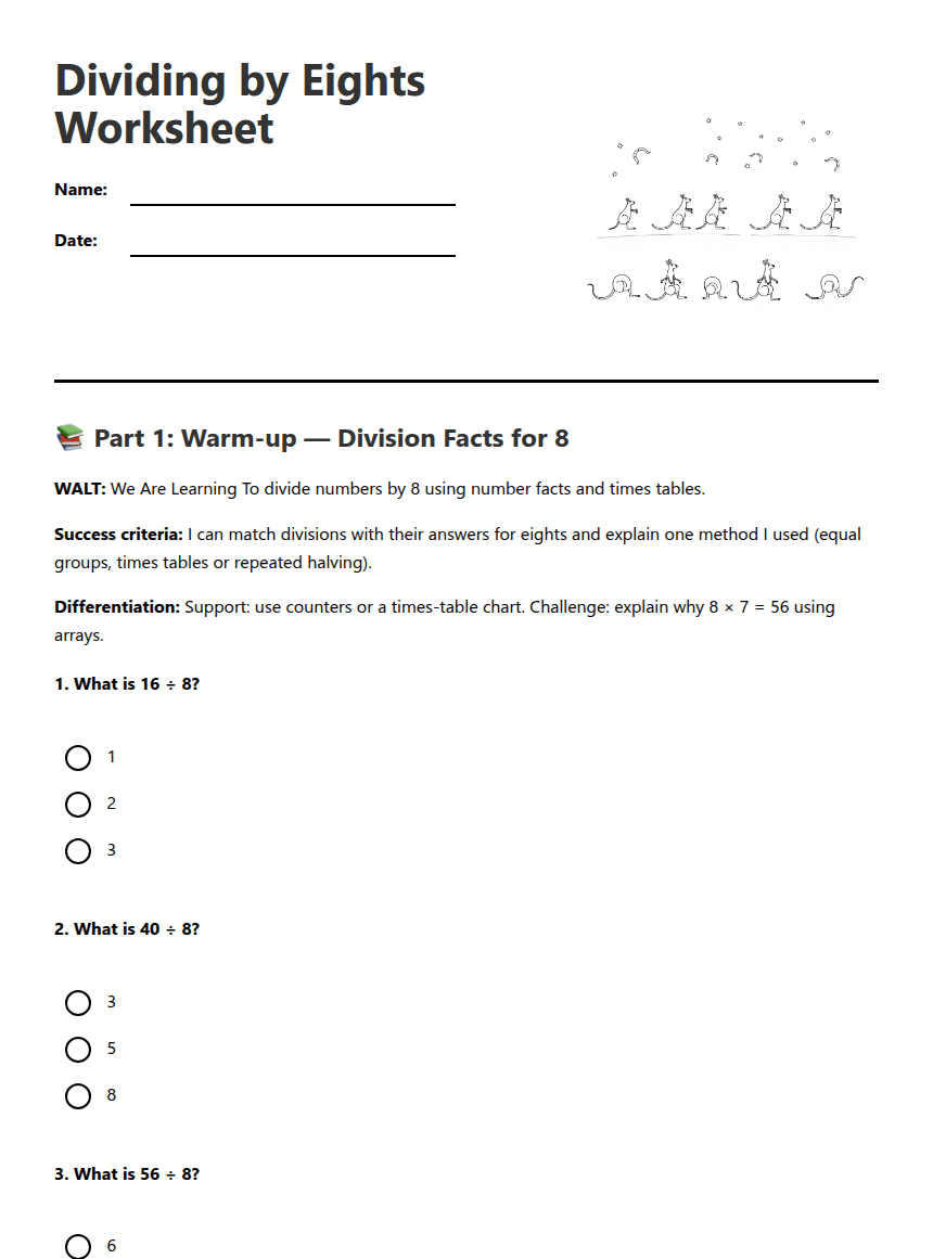 Dividing by Eights Worksheet worksheet preview