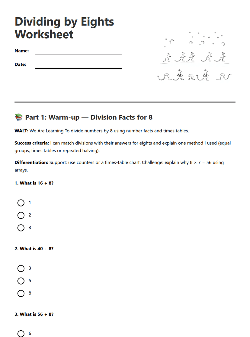 Dividing by Eights Worksheet