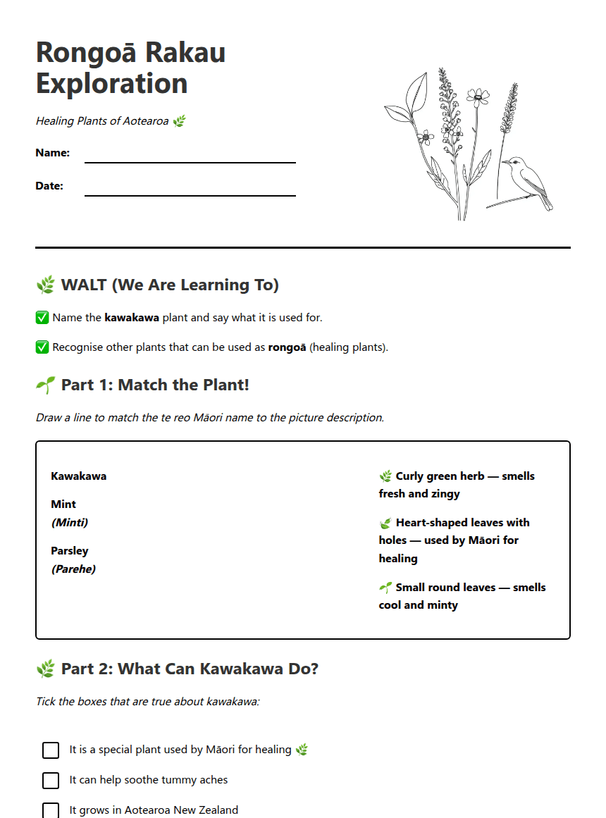 Rongoā Rakau Exploration worksheet preview