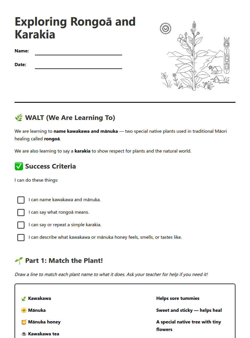 Copy of Rongoā and Karakia Exploration worksheet preview