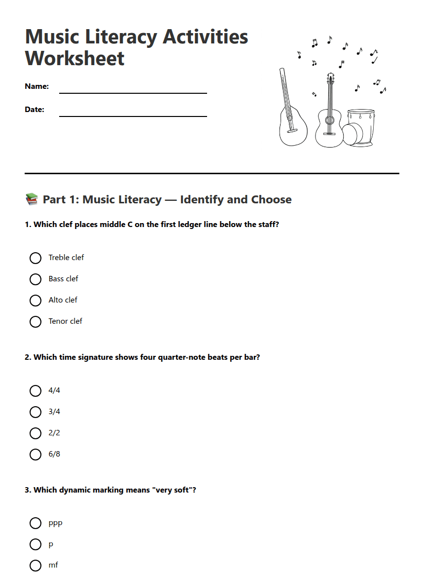 Music Literacy Activities Worksheet worksheet preview