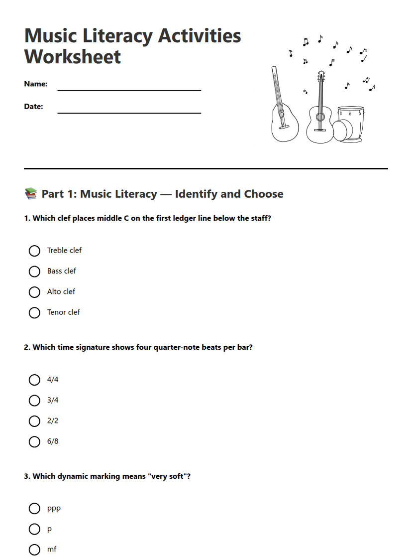 Music Literacy Activities Worksheet