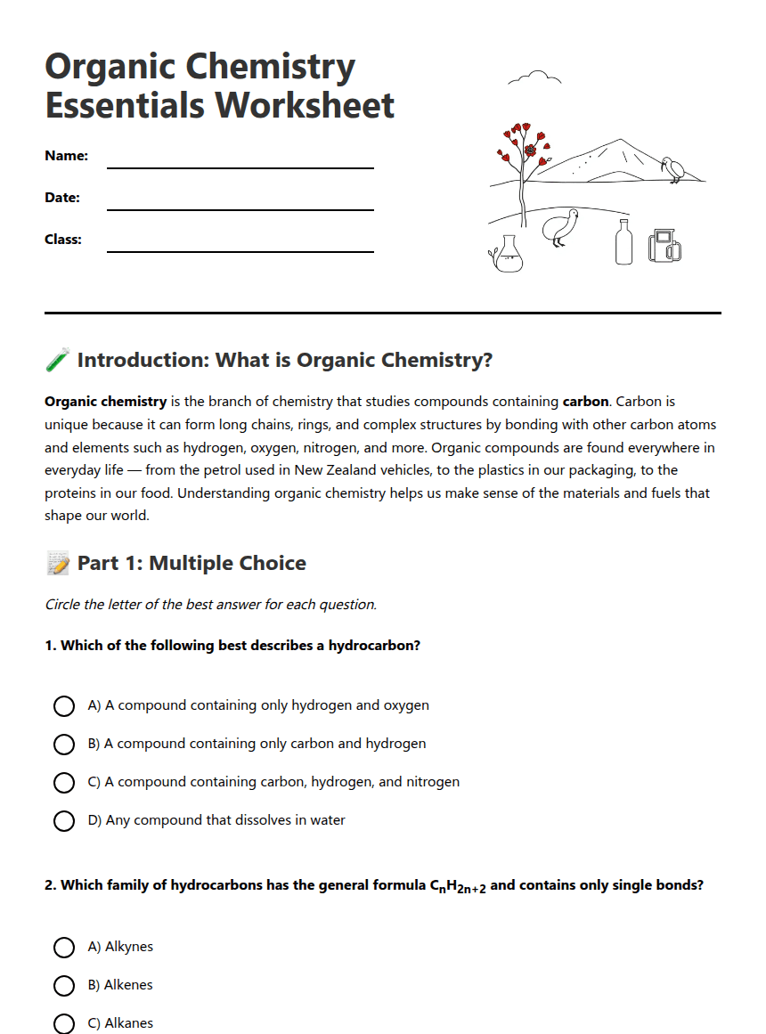 Organic Chemistry Essentials Worksheet worksheet preview