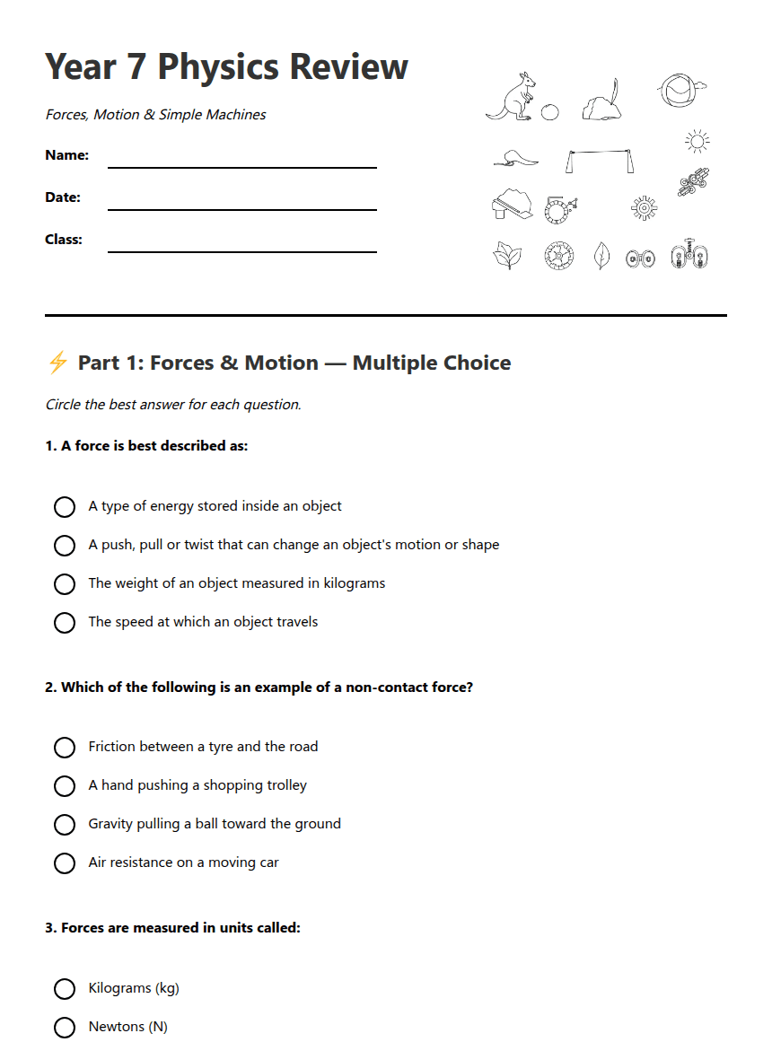 Year 7 Physics Review worksheet preview