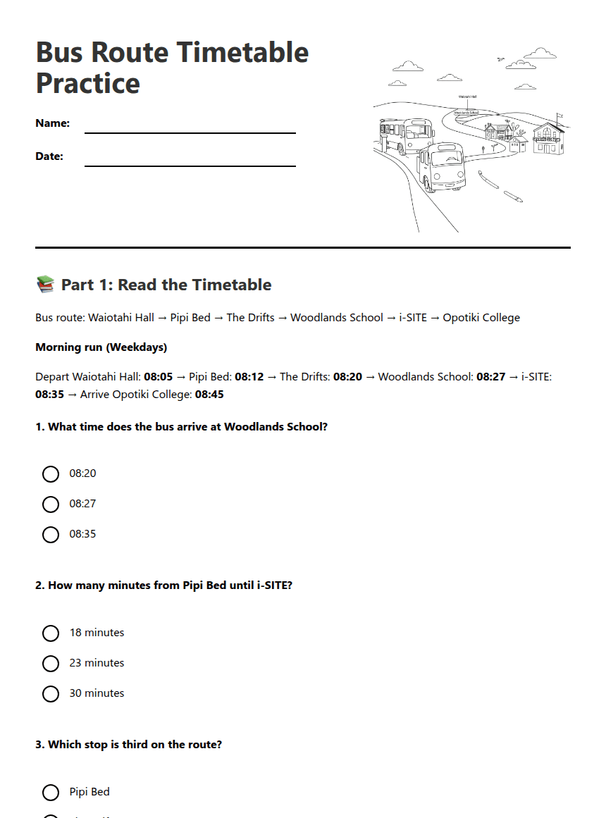 Bus Route Timetable Practice worksheet preview