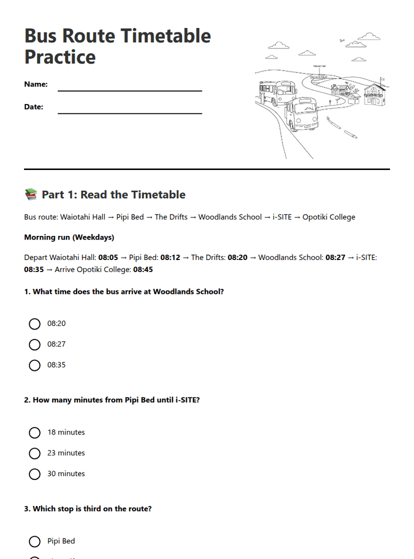 Bus Route Timetable Practice