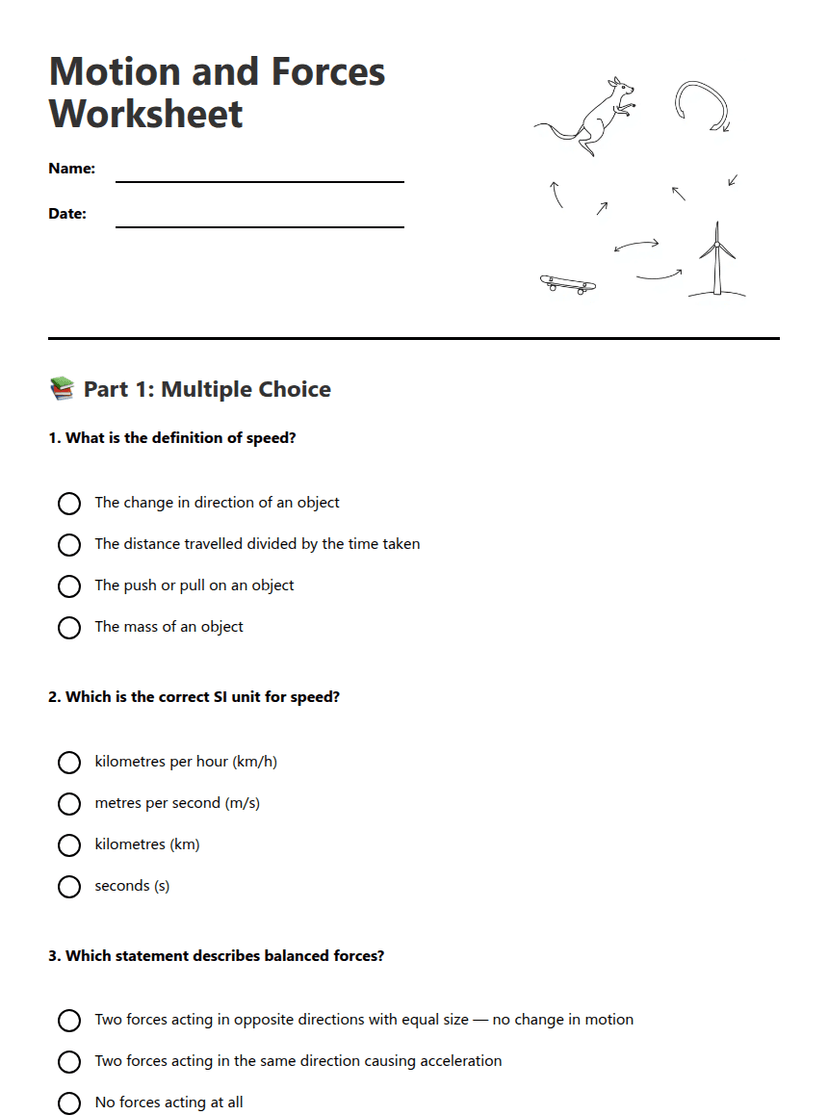 Motion and Forces Worksheet
