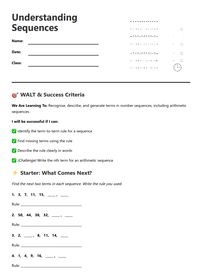 Mastering Number Sequences worksheet preview