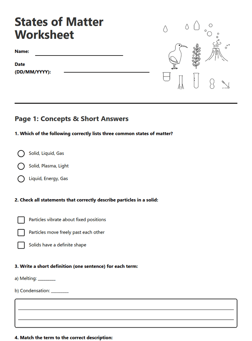 States of Matter Worksheet