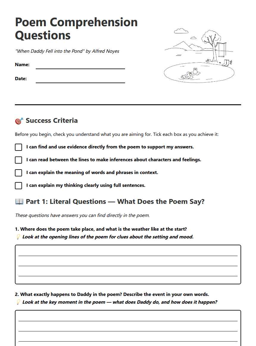 Poem Comprehension Questions worksheet preview