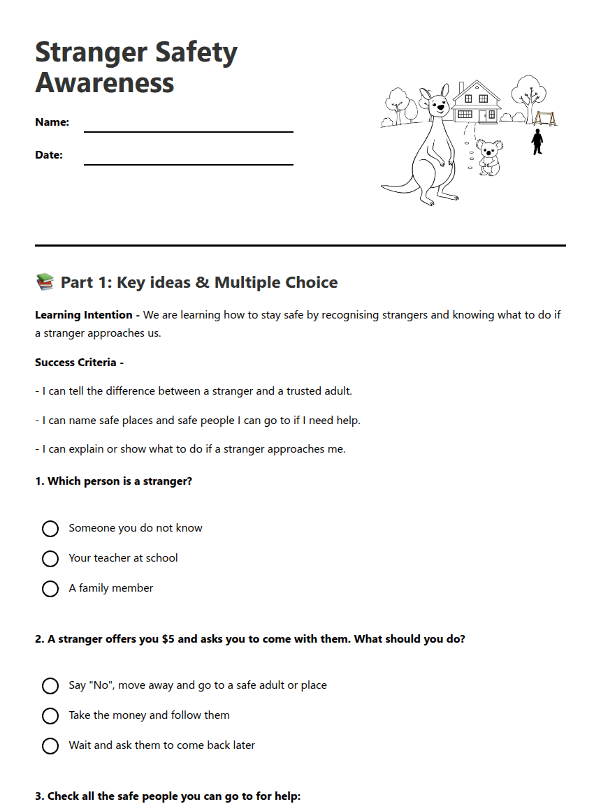 Stranger Safety Awareness worksheet preview