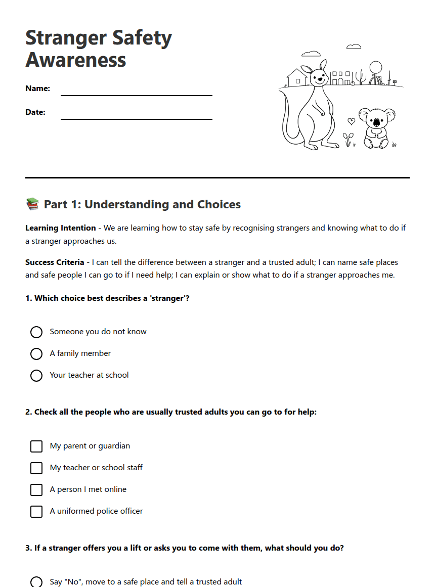 Stranger Safety Awareness worksheet preview