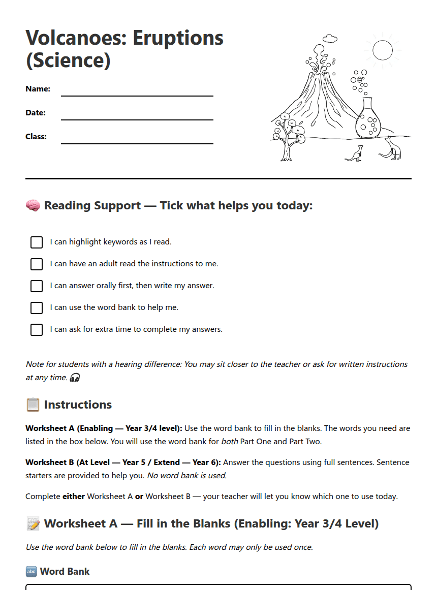 Volcano Eruptions Worksheet worksheet preview