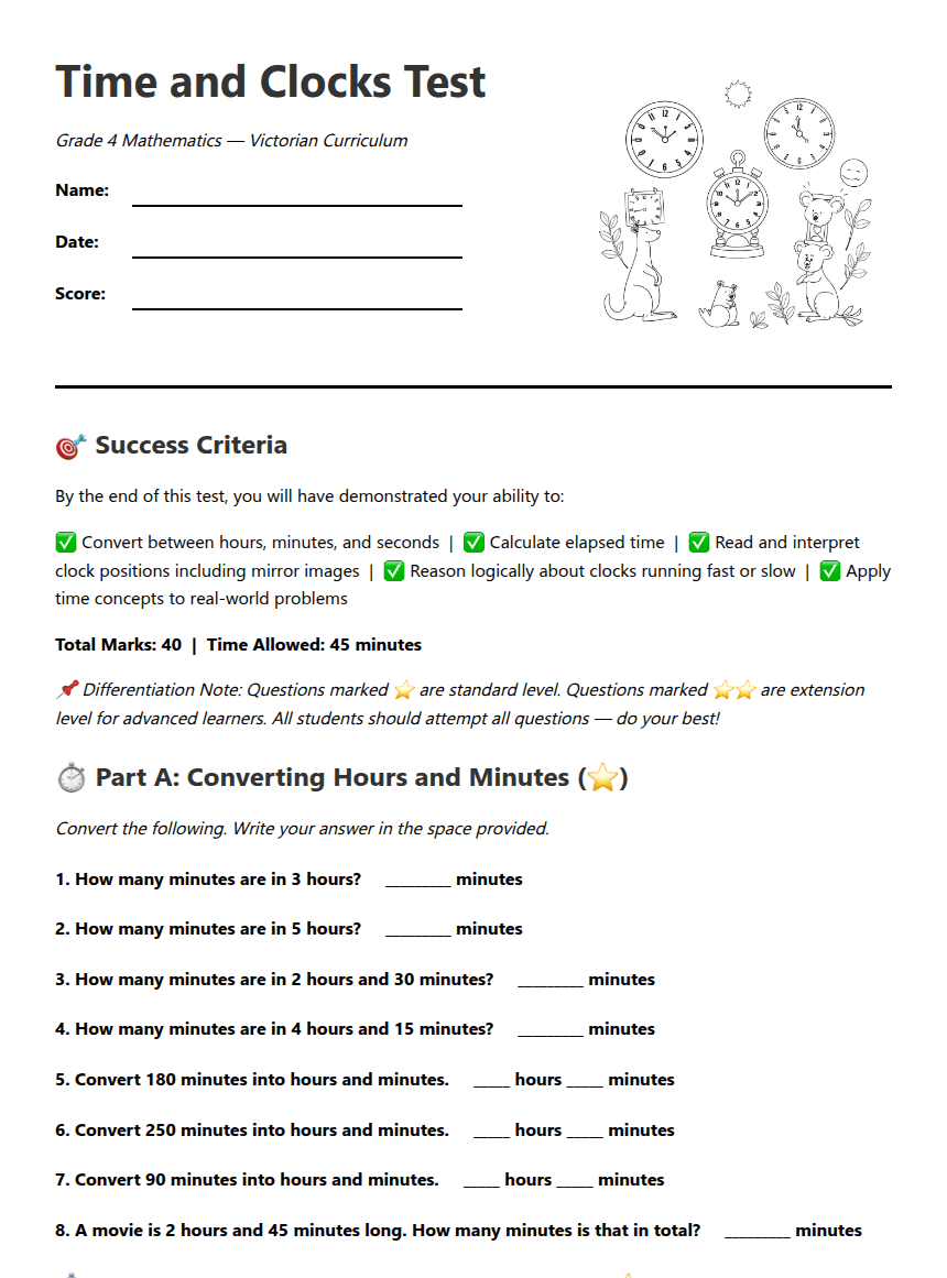 Time and Clocks Test worksheet preview