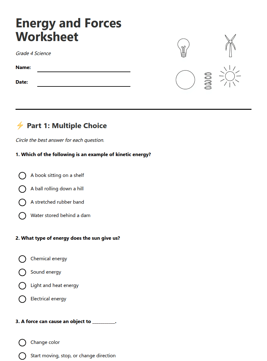 Energy and Forces Worksheet worksheet preview