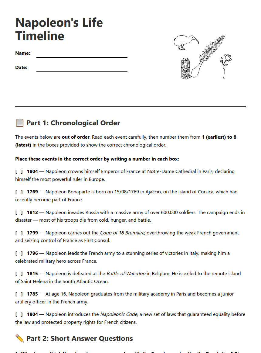 Napoleon's Life Timeline worksheet preview