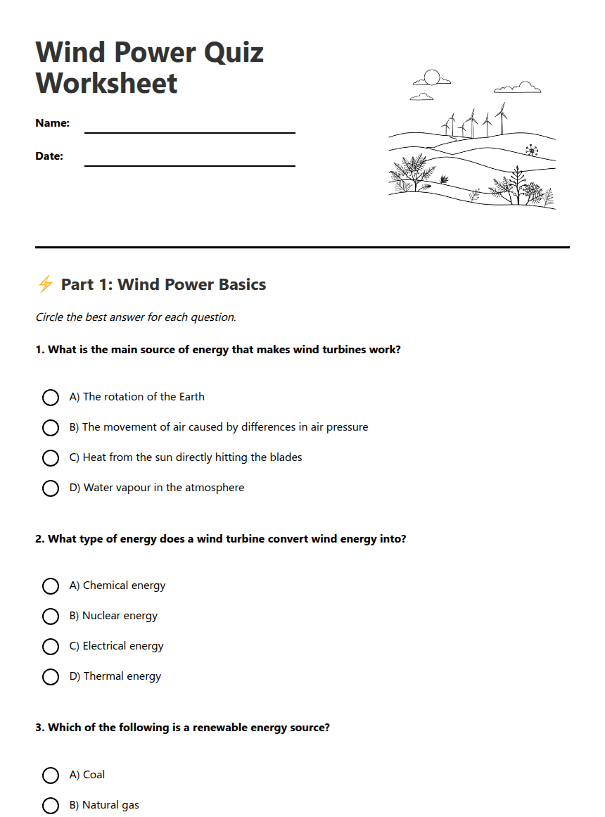 Wind Power Quiz Worksheet worksheet preview