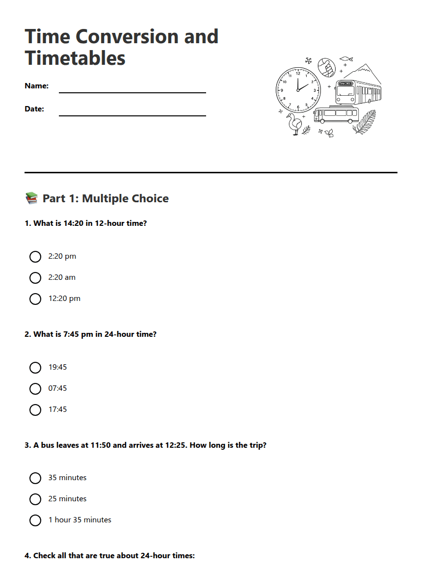 Time Conversion and Timetables worksheet preview