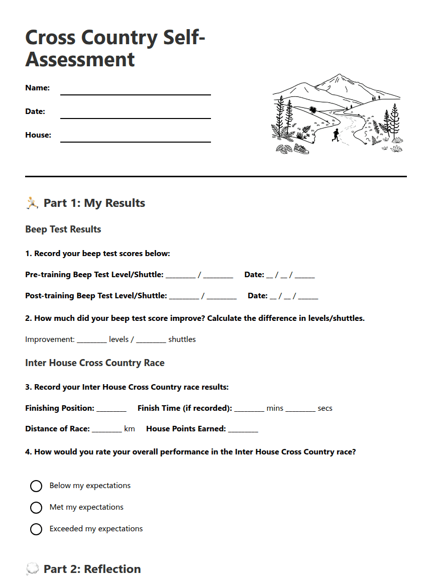 Cross Country Self-Assessment worksheet preview