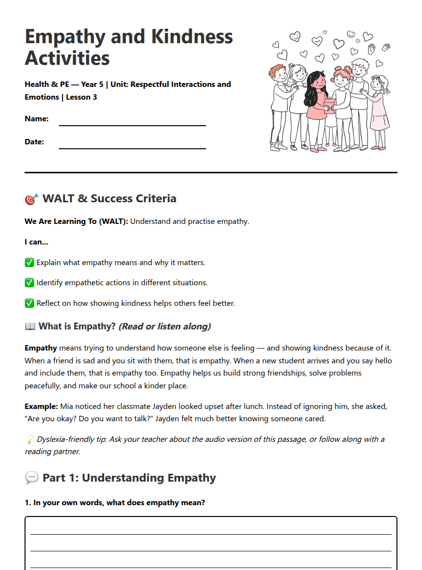 Empathy and Kindness Activities worksheet preview