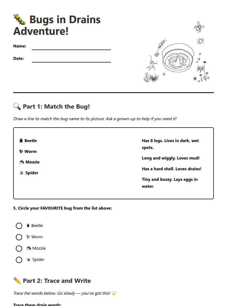 Bugs in Drains Adventure worksheet preview