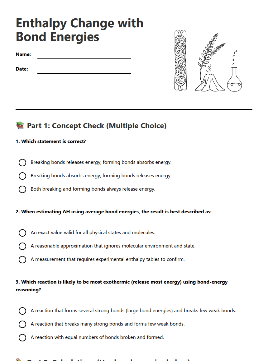 Enthalpy Change with Bond Energies worksheet preview