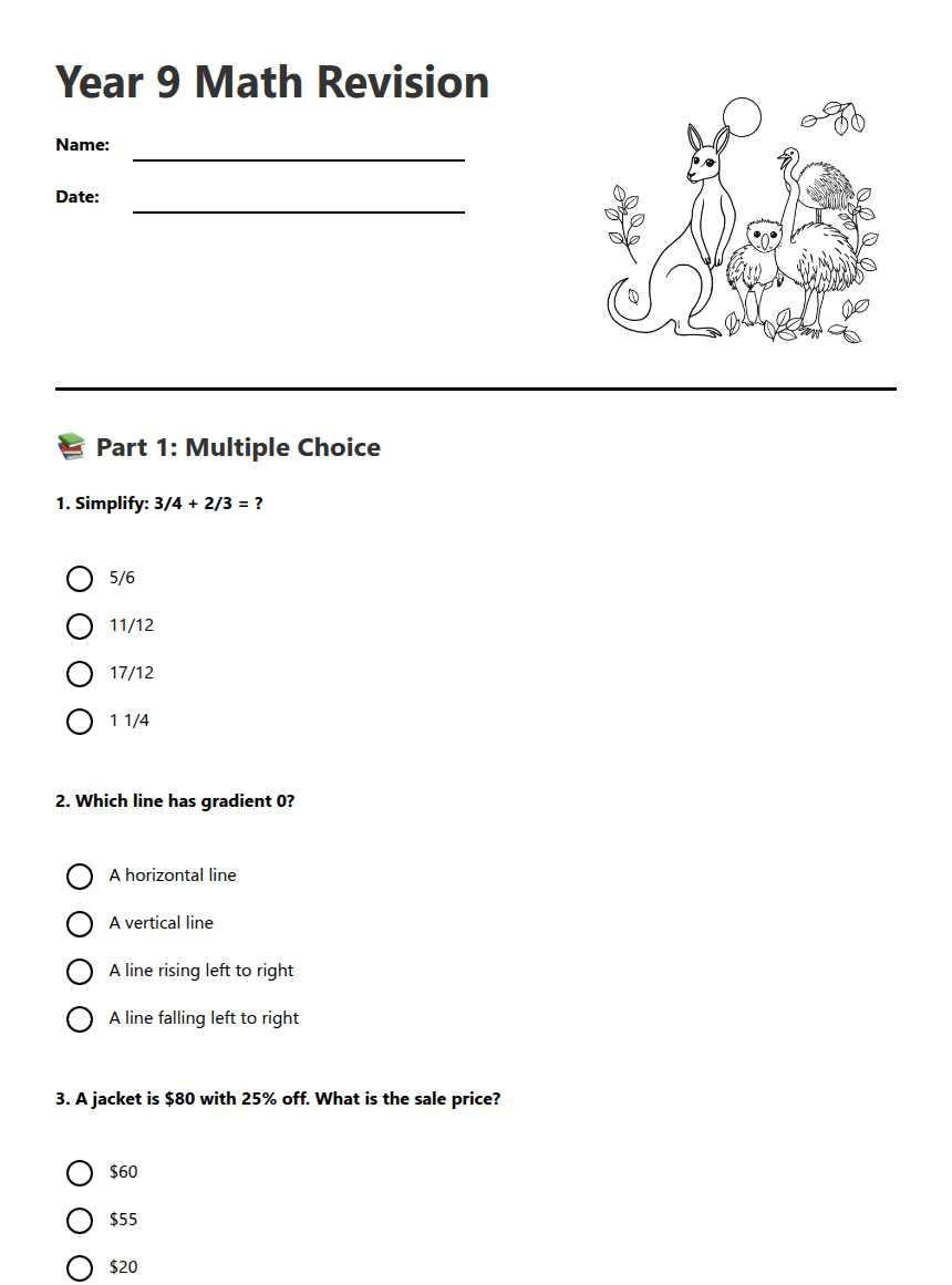 Year 9 Math Revision worksheet preview