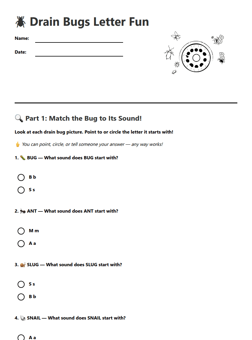 Drain Bugs Letter Fun worksheet preview