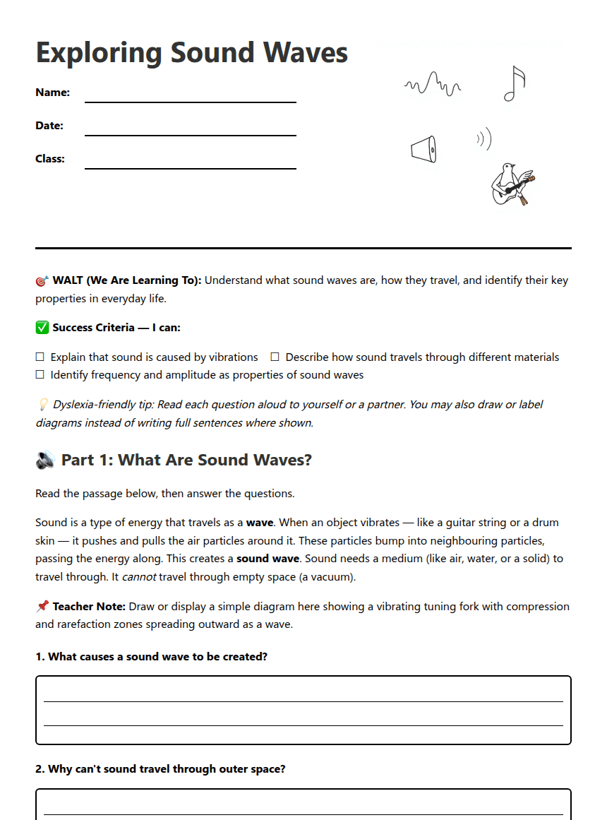 Exploring Sound Waves worksheet preview