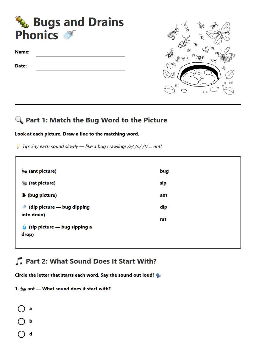 Bugs and Drains Phonics worksheet preview
