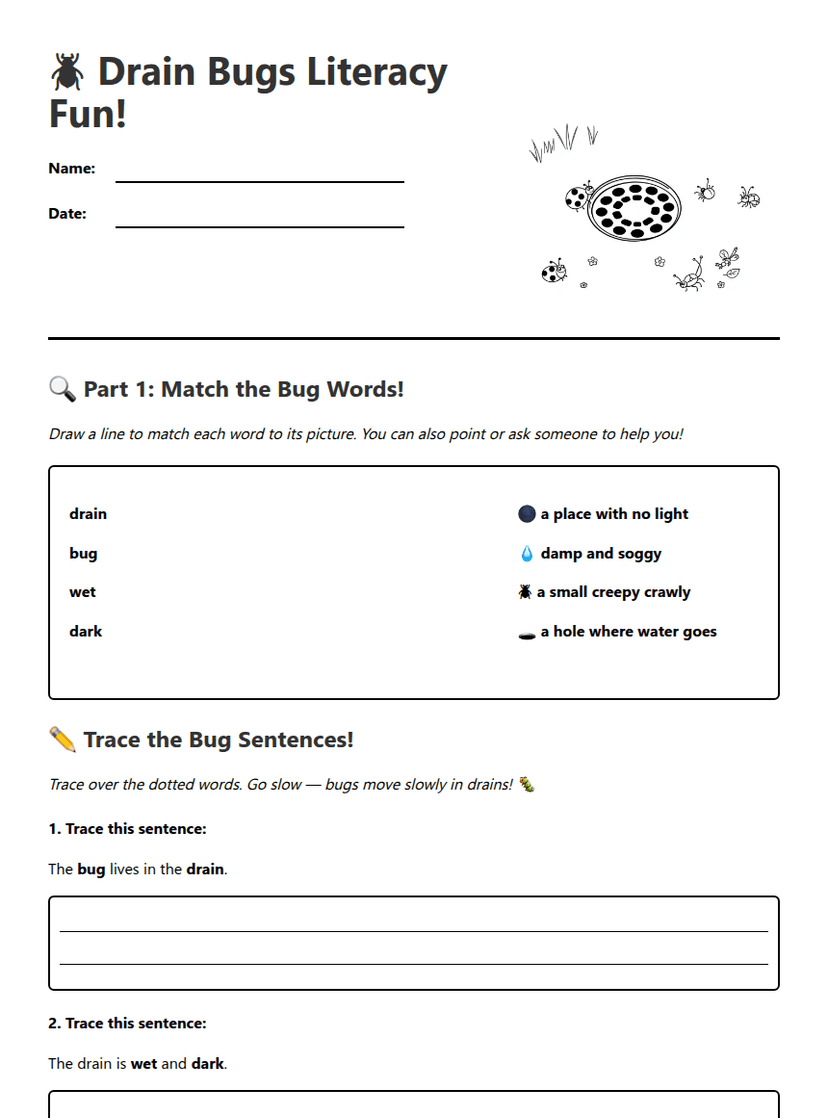 Drain Bugs Literacy Fun