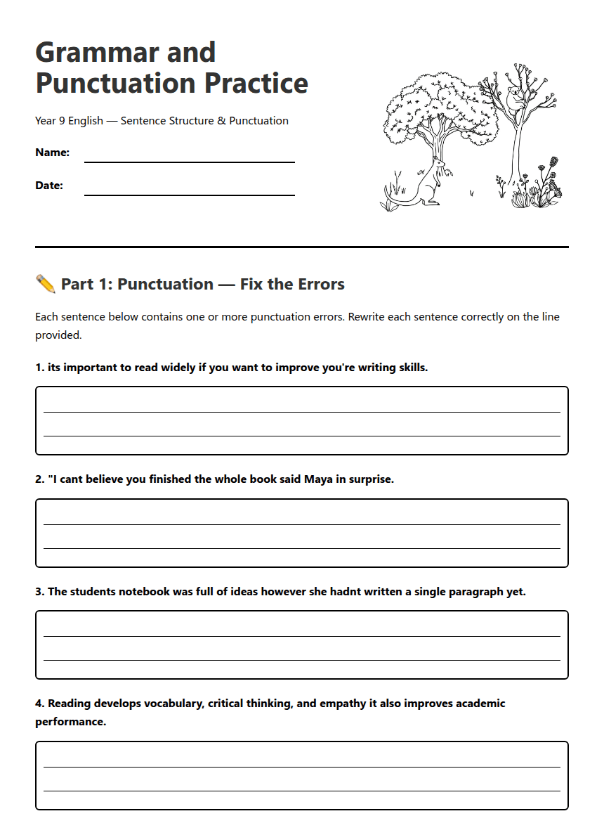 Grammar and Punctuation Practice worksheet preview