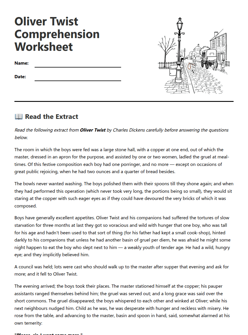 Oliver Twist Comprehension Worksheet worksheet preview