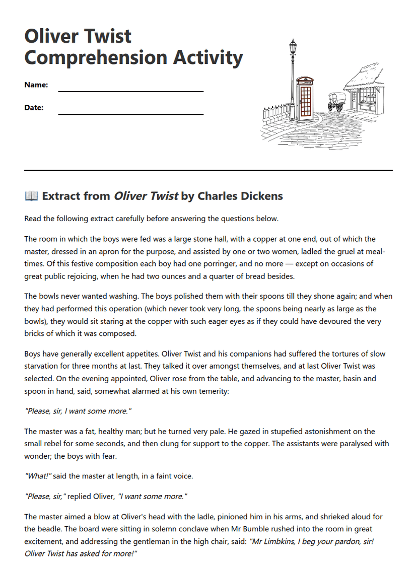 Oliver Twist Comprehension Activity
