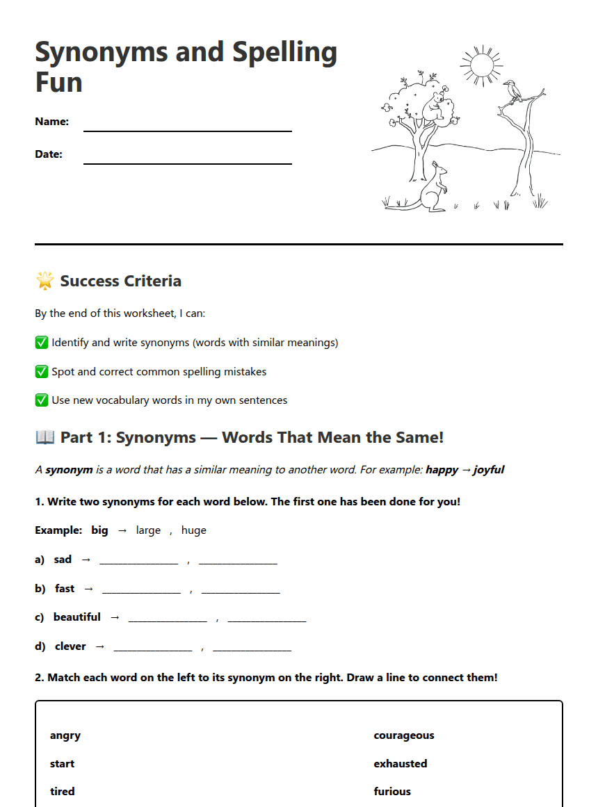 Synonyms and Spelling Fun worksheet preview
