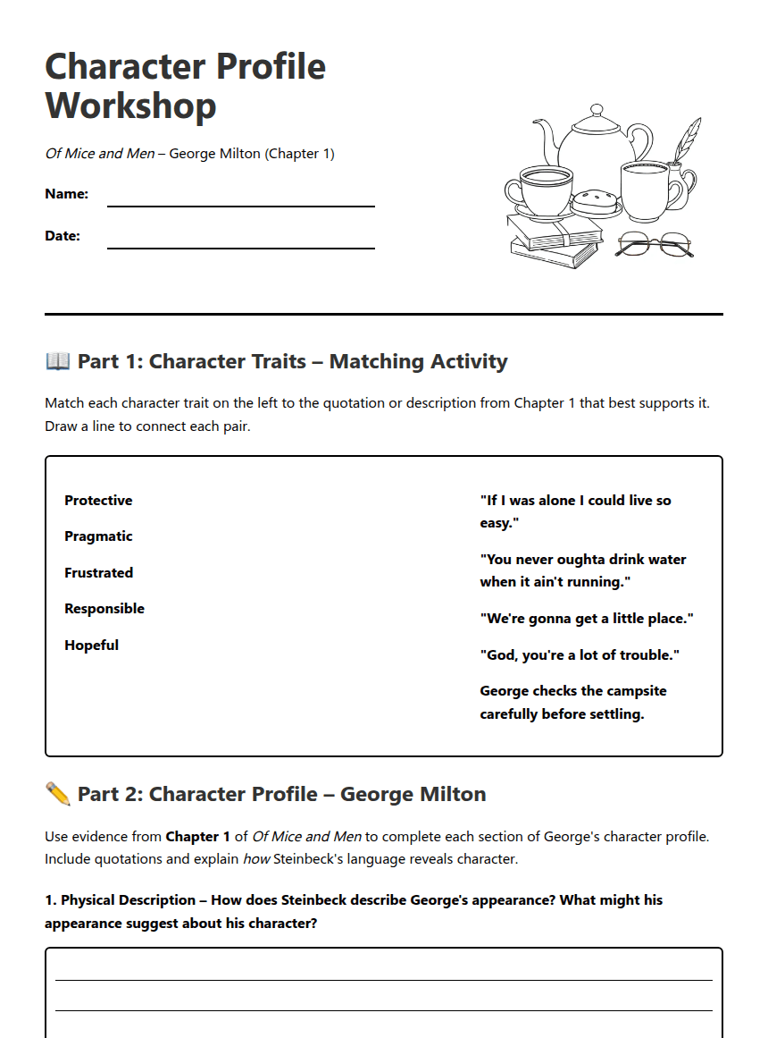 Character Profile Workshop worksheet preview