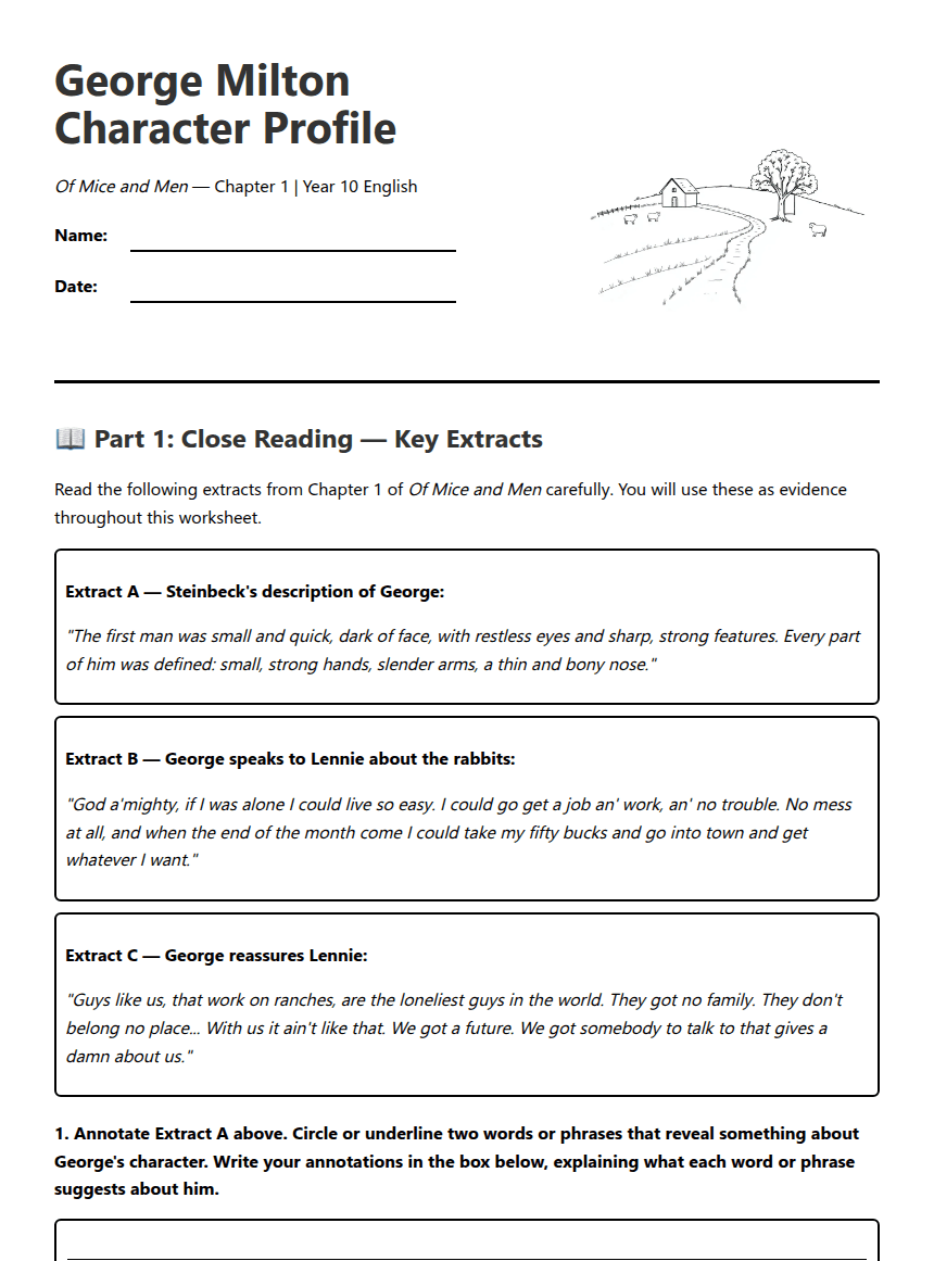 George Milton Character Profile worksheet preview