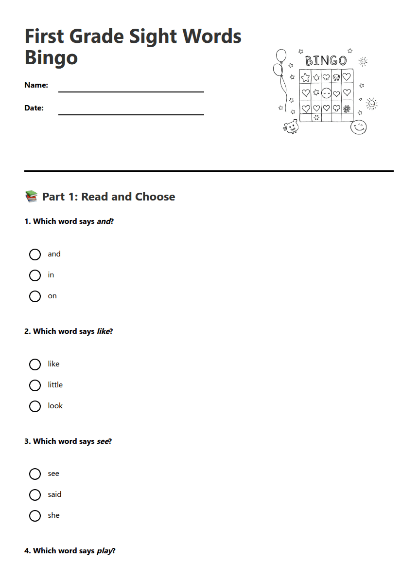 First Grade Sight Words Bingo worksheet preview