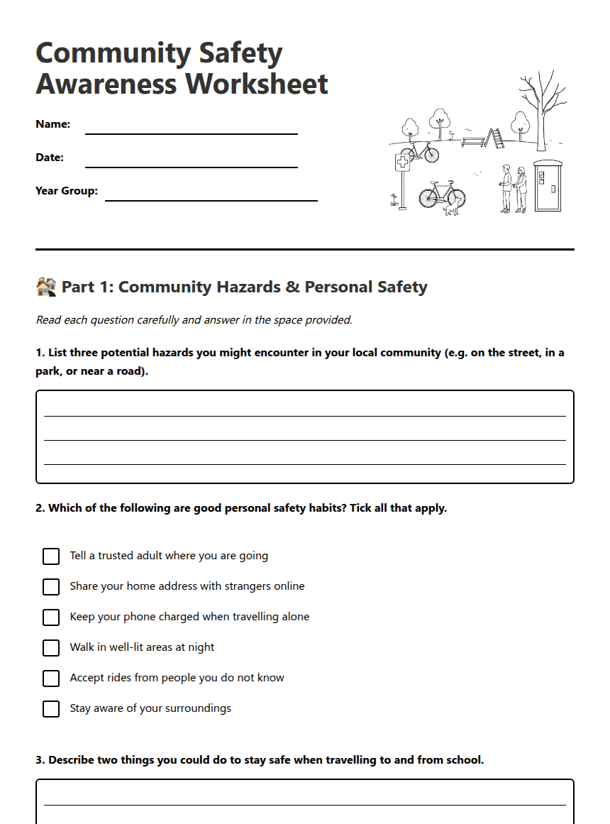 Community Safety Awareness Worksheet worksheet preview