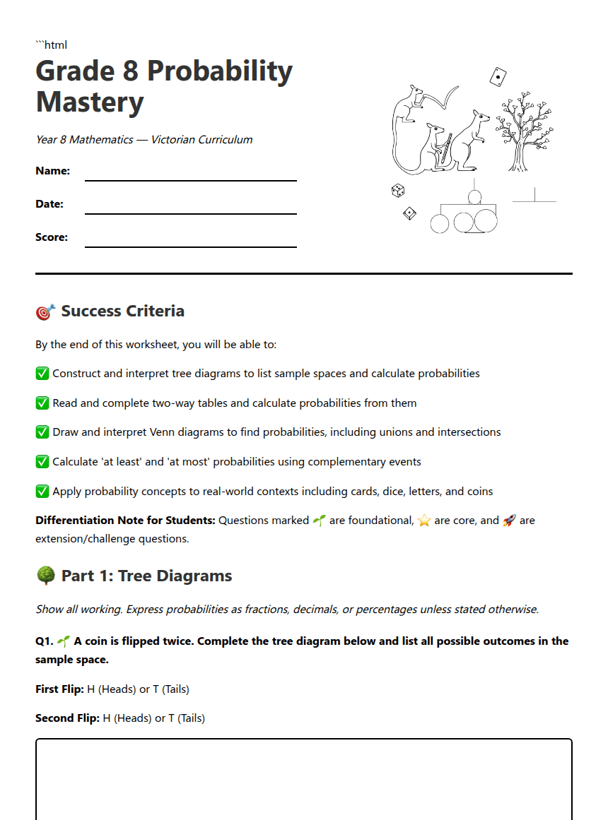 Grade 8 Probability Mastery worksheet preview