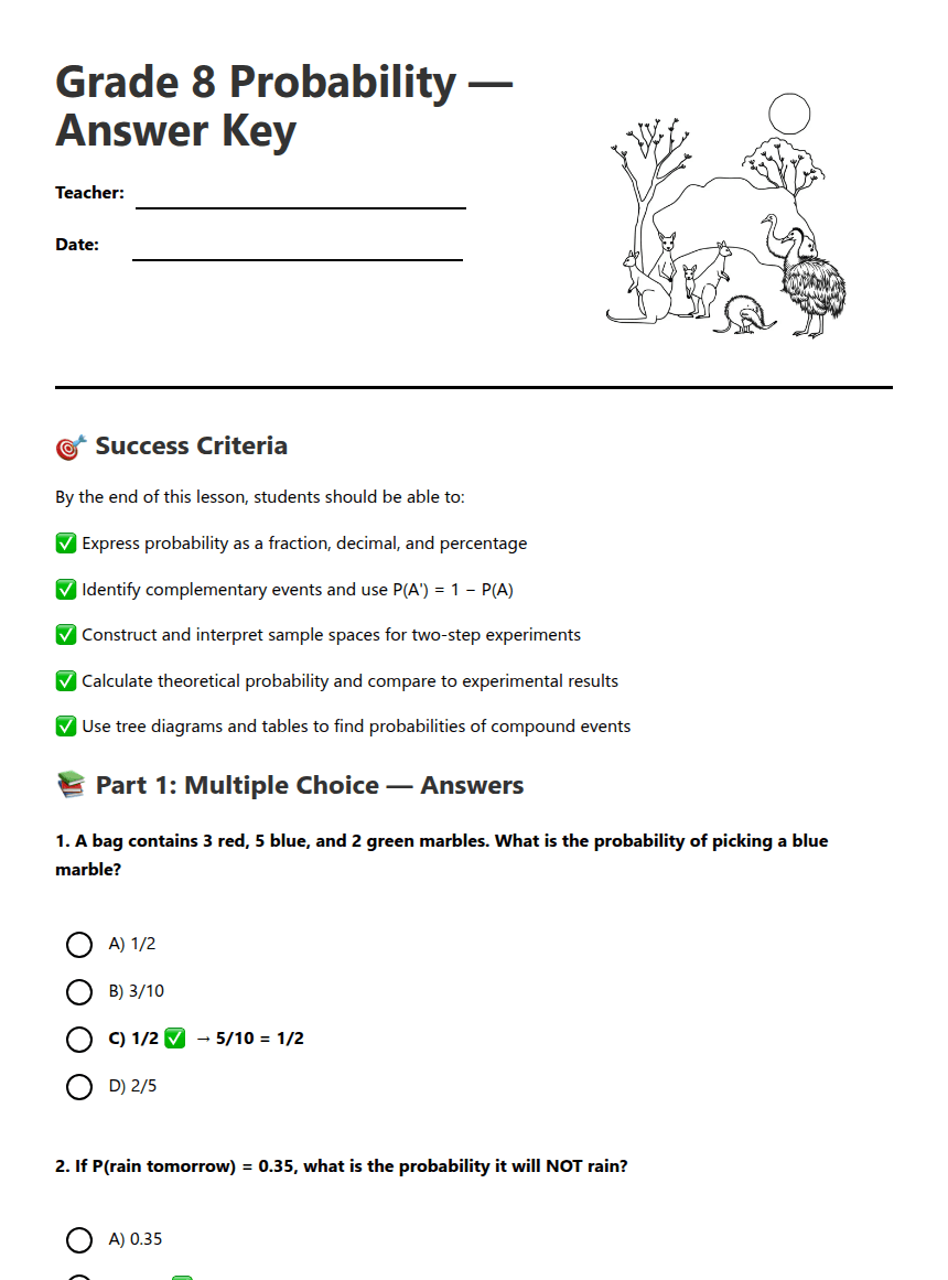Grade 8 Probability Answers worksheet preview