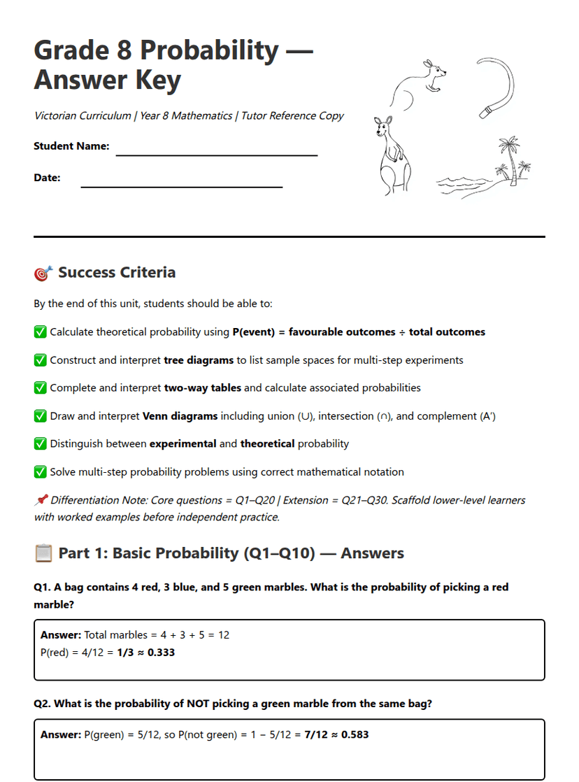 Grade 8 Probability Answer Key
